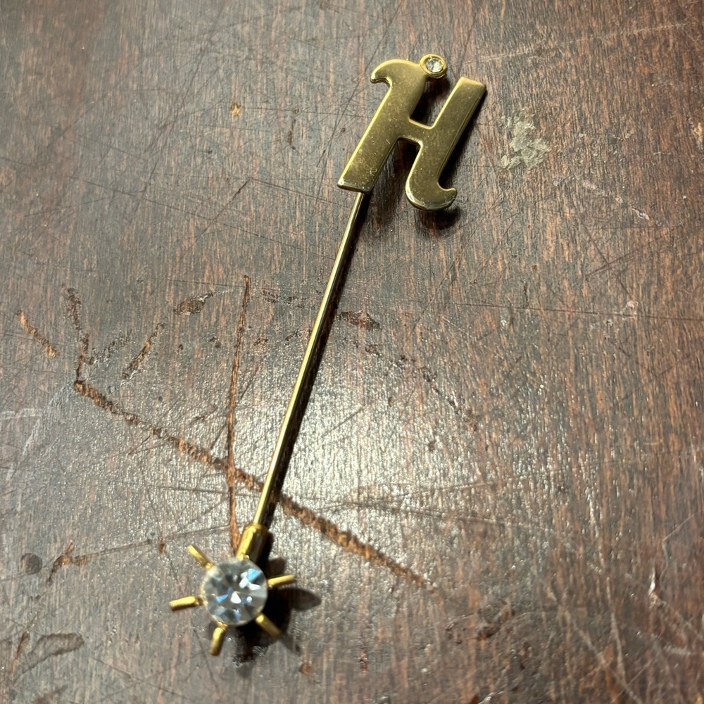 Vintage monogram letter “H” with rhinestone lapel stick pin